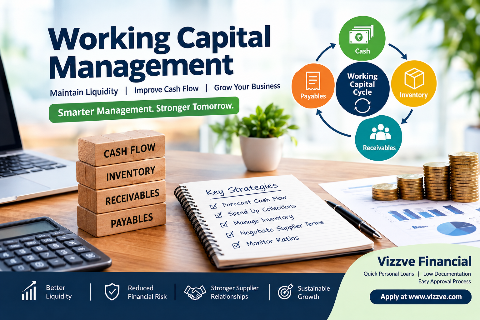 Working Capital Management infographic showing cash flow, inventory, receivables, payables, working capital cycle, and strategies for improving business liquidity and cash flow, with Vizzve Financial branding.
